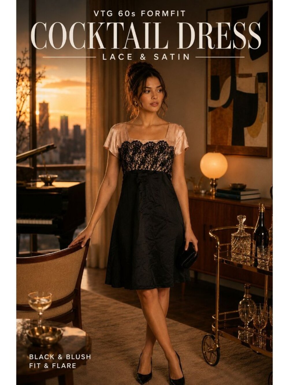 VTG 60s Formfit Cocktail Dress Black Blush Lace Satin M L Party